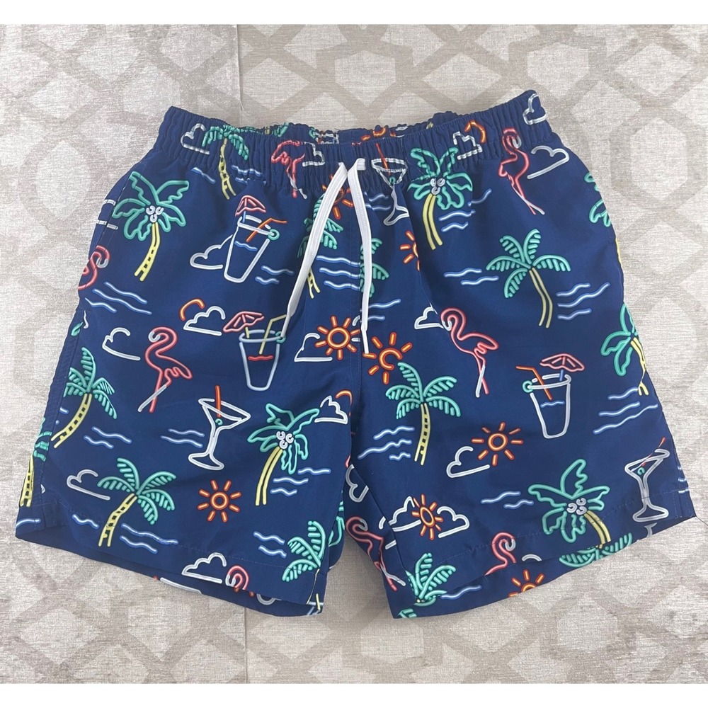 Chubbies Mens Navy Blue Neon Tropical‎ Flamingo Cocktail Swim Trunks Medium